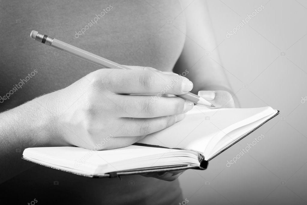 Woman Writing In Notebook Black and White