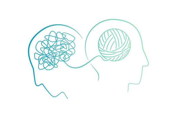 Mental health concept of two heads with brain as continuous line in blue green vector illustration