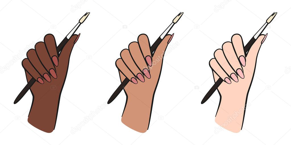 Female hand with acrylic nail brush or artist paint brush in three skin tones as vector icon set
