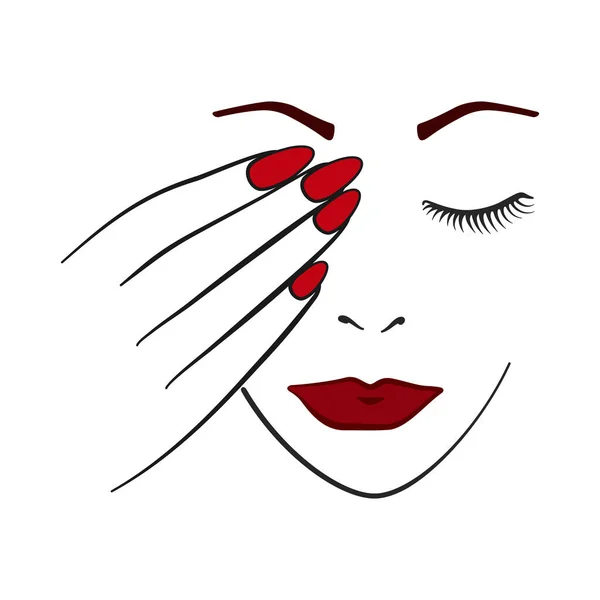 Maquillage Visage Femme Main Avec Des Ongles Des Lèvres Rouges — Image vectorielle