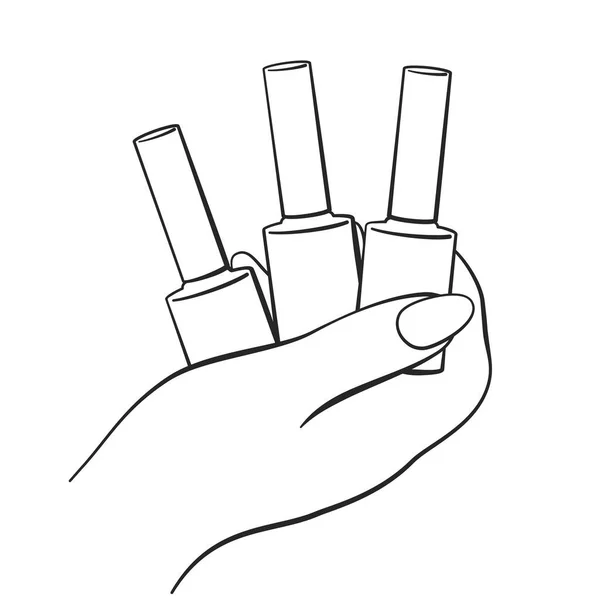 Female Hand Holding Set Three Nail Polish Bottles Vector Line — 스톡 벡터