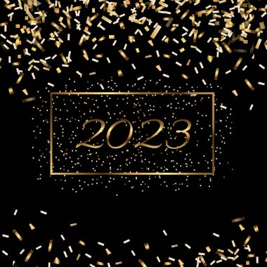 Happy New Year 2023 greeting card poster. Black background.Confetti