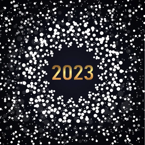 Happy New Year 2023 greeting card poster. Black background.Confetti