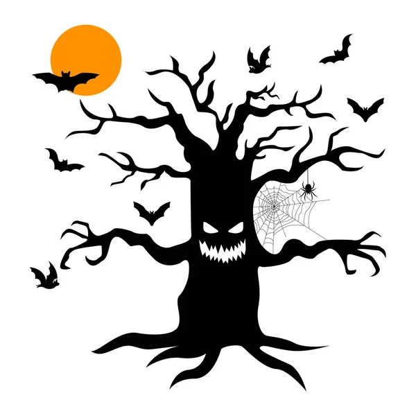 Tree Hands Eyes Cobwebs Branch Background Moon Halloween Bats — Stock Photo, Image