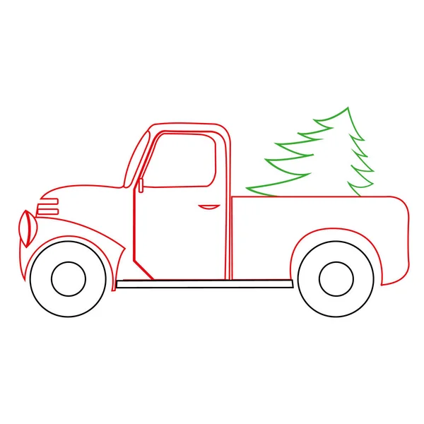 Postcard or poster of a retro pickup truck with a Christmas tree in vintage style. New Year. Christmas