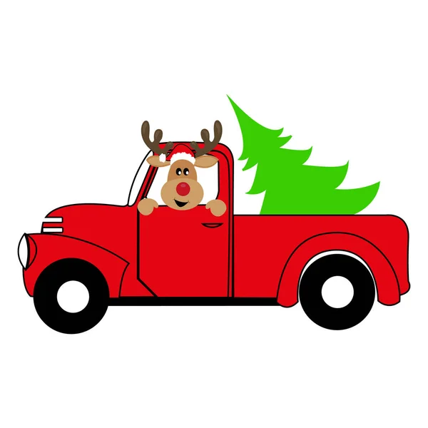 Araba Yeşil Bir Noel Ağacı Taşıyor Boynuzlu Geyik Boho Yeni — Stok fotoğraf