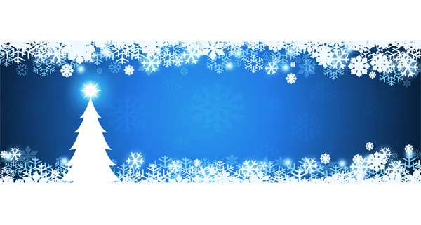 Blaue Weihnachtskarte mit Schneeflocken und Weihnachtsbaum — Stockfoto