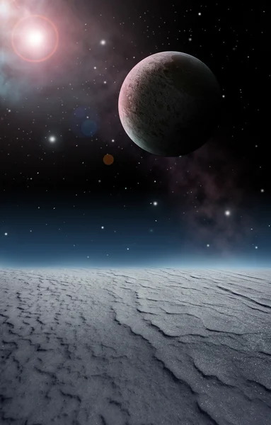 Weltraumszene über gefrorenem Planeten — Stockfoto