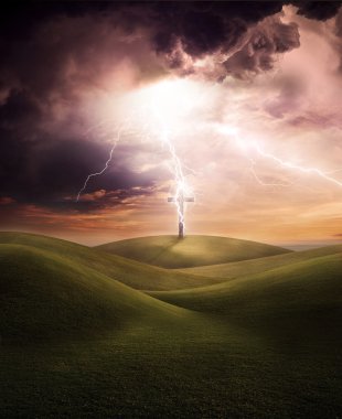 Cross struck by a lightning bolt during a dramatic and threatening electrical storm clipart