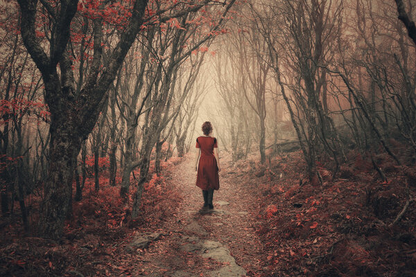 A woman in a dress dress walks through the foggy forest.
