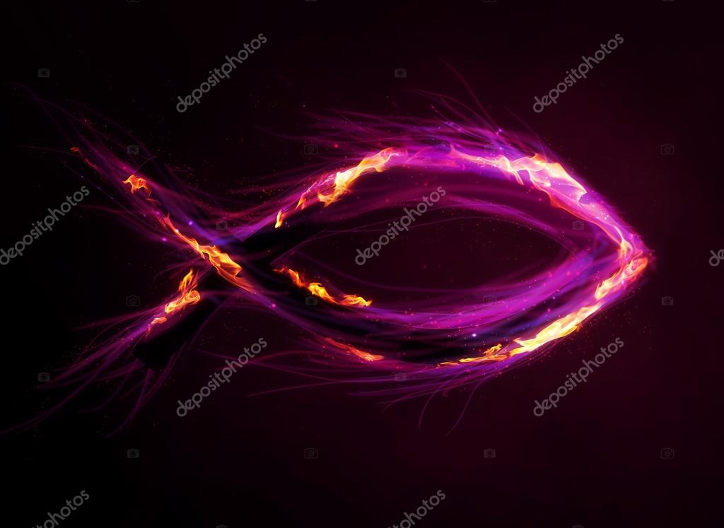 A colorful Christian fish symbol with bright colors and flames.