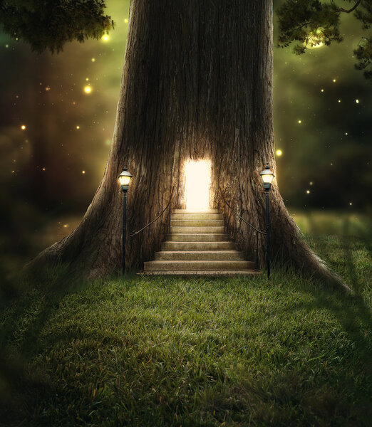 A tree in the forest with a door glowing with bright lights.