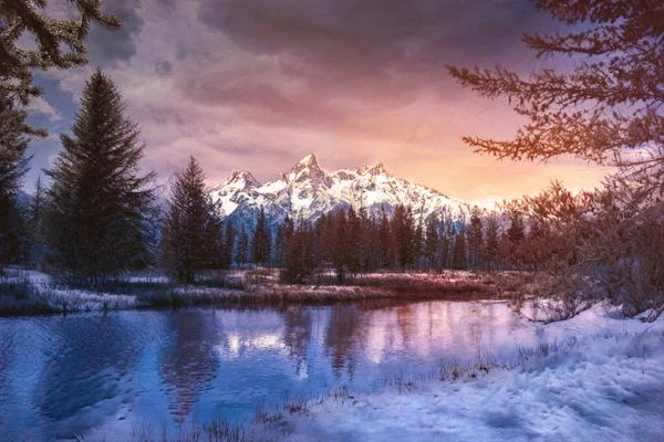 Colorful Snowy Sunset Grand Tetons National Park — Stock Photo, Image