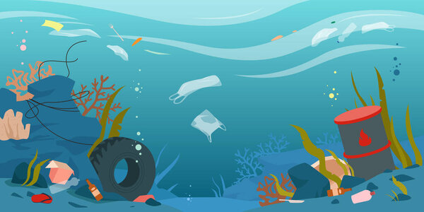 Cartoon dirty underwater landscape with pollution, plastic bottle and bag, paper packaging environmental damage background. Ocean, sea or river water polluted with garbage waste vector illustration.