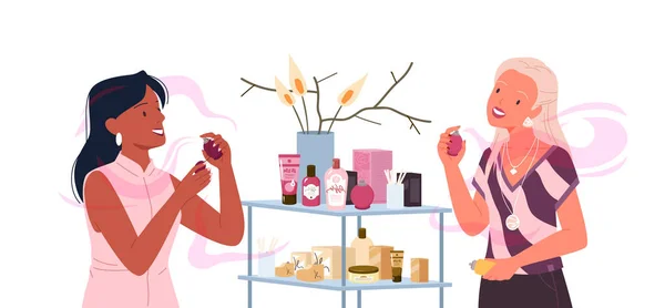 Meisjes kiezen mode parfum uit assortiment in schoonheid cosmetica make-up winkel, het aanbrengen van proces vector illustratie. Cartoon jonge vrouwen personages houden spray fles in de hand geïsoleerd op wit. — Stockvector