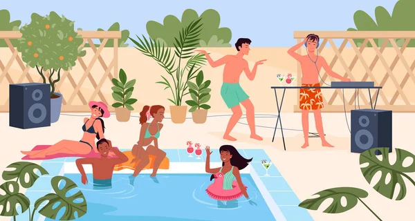 Grupo de dibujos animados de hombres jóvenes personajes de mujer en traje de baño escuchar música divertida, chicas en bikini nadando en el agua, fondo de vacaciones de verano. Fiesta de verano en la piscina con gente. — Vector de stock