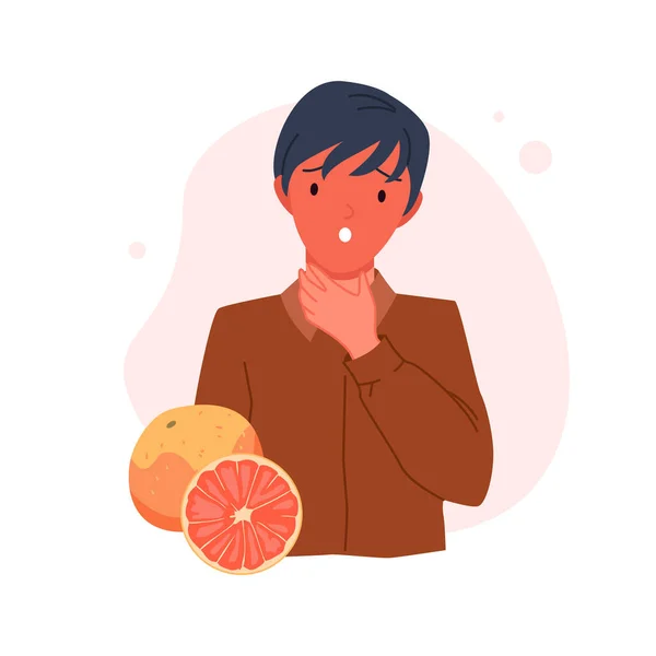 Fiú vörös bőr, láz, gyermek szenved allergiás tünet evés után grapefruit — Stock Vector