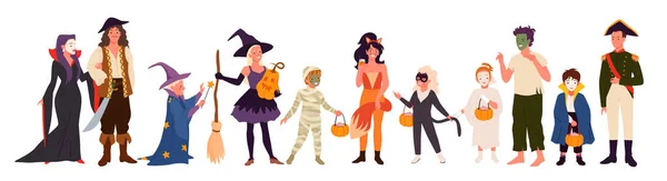 Personajes de fiesta de Halloween, adultos y niños en trajes de monstruo de pie juntos conjunto — Vector de stock