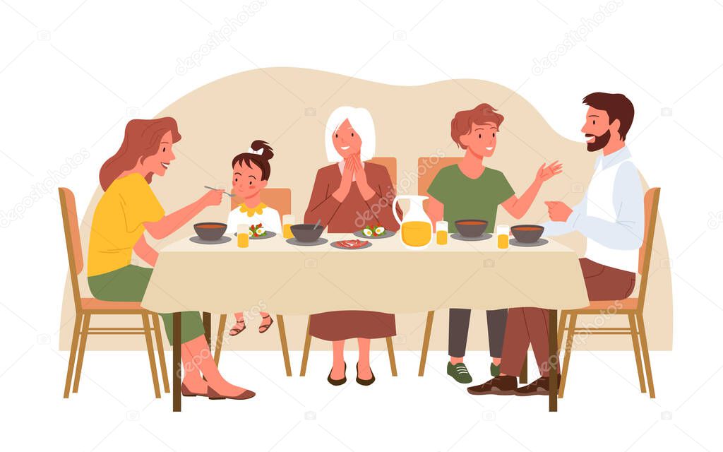 Family people eat dinner at home, mother feeding little daughter, sitting at dining table