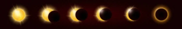 Éclipse solaire totale et partielle en cycle complet, rayon de soleil réaliste et anneau de soleil à différents stades fond d'affiche scientifique. Éclipse solaire en différentes phases infographie. — Image vectorielle