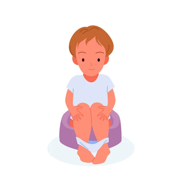 Baby boy sitting on potty, child training, adorable small kid learning to use toilet — Stock Vector