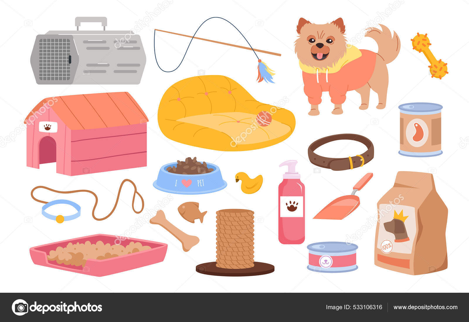 Colección de accesorios para veterinarios de dibujos animados con alimentos,  juguetes y suministros para gatos y perros aislados en blanco Vector de  stock #533106316 de ©Nataliia2910@gmail.com, image size:1600x1100