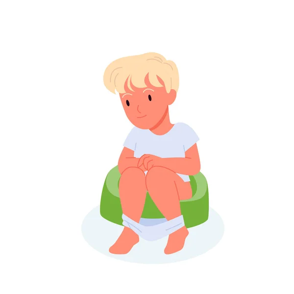 Bébé garçon assis sur pot de chambre verte, enfant faisant la routine d'hygiène du matin ou du soir — Image vectorielle