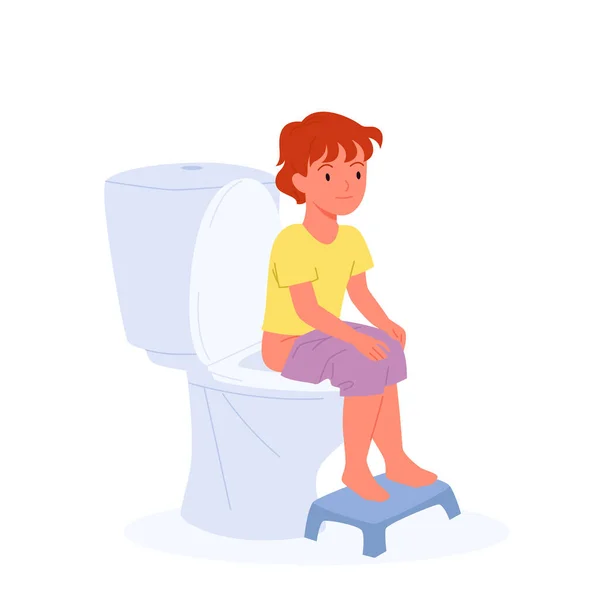 Kisfiú ül a WC-n tál, óvodás gyerek használja láb pad a mosdóban, wc képzés — Stock Vector