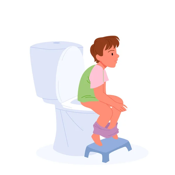 Baby boy sitting on toilet bowl in unhealthy positure, funny kid training to use toilet — Stockový vektor