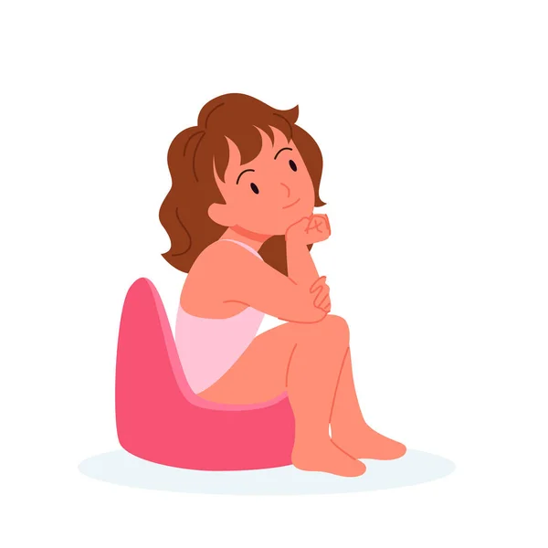 Menina do bebê sentado no penico de plástico rosa, garoto bonito usando pote, criança aprendendo a usar o banheiro — Vetor de Stock