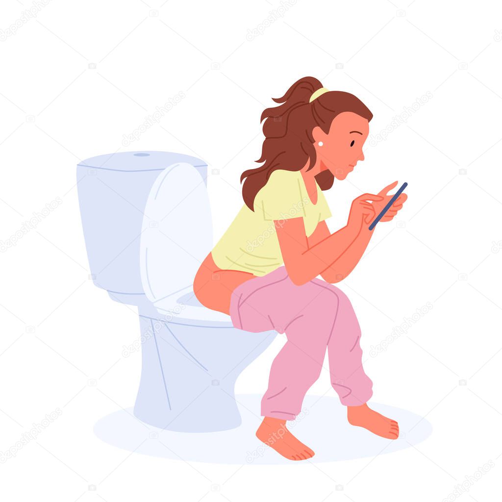 Girl sitting on toilet bowl with smartphone in restroom, lavatory, woman with pants down