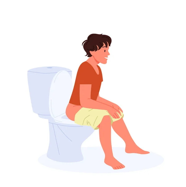 Fiatal férfi ül a WC-n tál, srác mosollyal az arcán kakilás a WC-ben, WC — Stock Vector