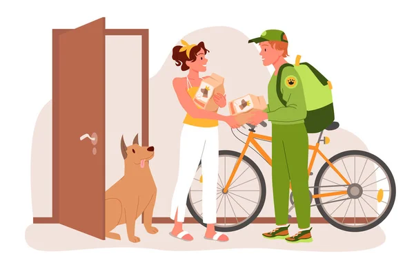 Pet food delivery service, bezorger met fiets geven tas met hondenproducten aan vrouw — Stockvector
