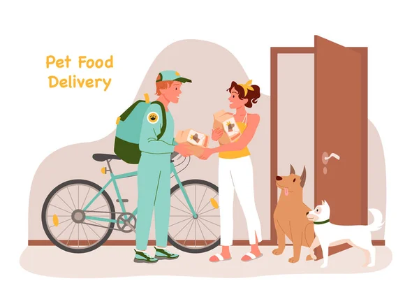 Cartoon bezorger met fiets geven tassen met hond producten aan de vrouw, man koerier leveren order to door — Stockvector