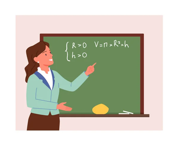 Formación de profesores de escuela o universidad sobre clases de matemáticas en el aula, de pie cerca de pizarra — Vector de stock