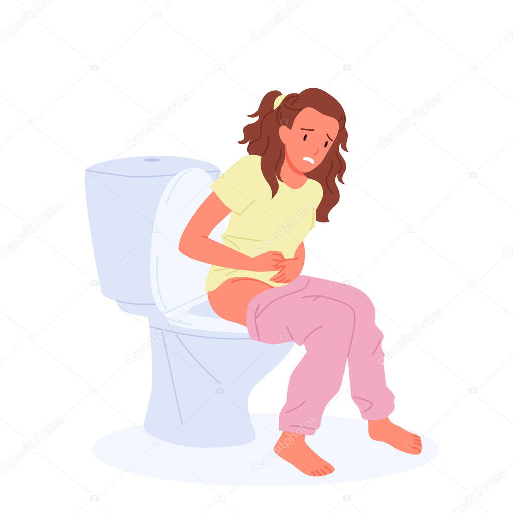 Woman sitting on toilet bowl, girl suffering from diarrhea, cystitis, hemorrhoids