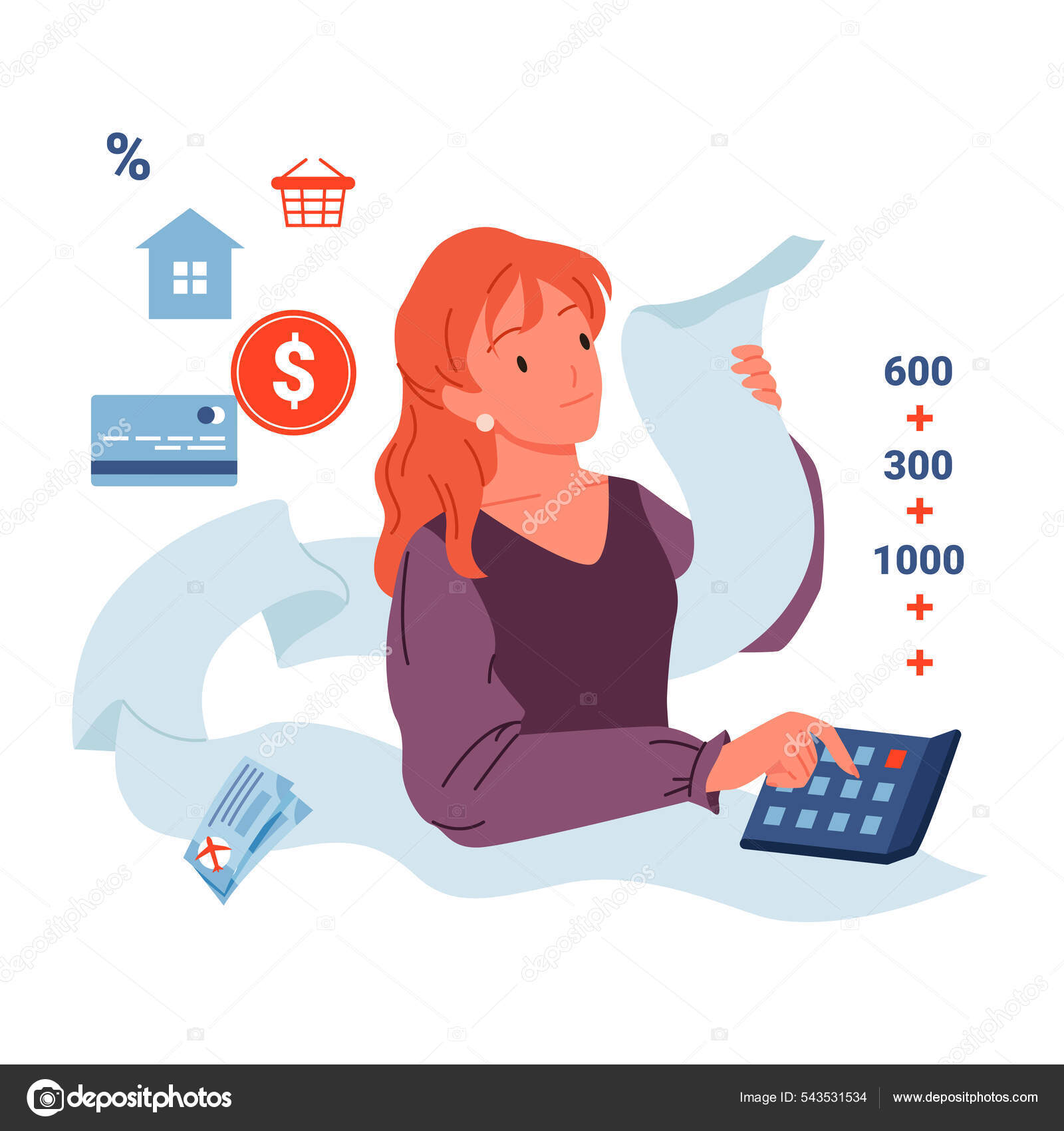 家庭预算计算，有计算器的妇女和收到发票的妇女图库矢量图©Nataliia2910@gmail.com 543531534