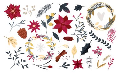 Çiçekli yuvarlak çelenk ve doğa dekorasyonu elementleri, bitki yaprakları, çiçek çiçekleri.