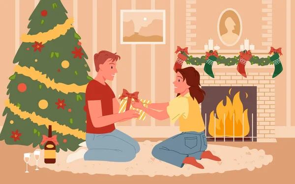 Presentes de troca de Natal de família feliz, homem e mulher sentar perto da lareira casa festiva —  Vetores de Stock