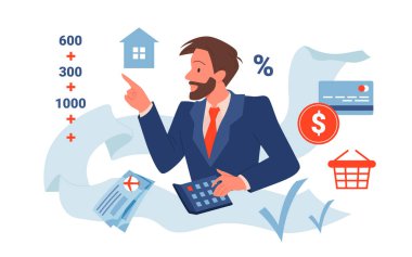 Takım elbiseli karikatürist hesap makinesi ve banka raporuyla tahsis, ödeme ve mali denge hesaplıyor. Finans, plan konsepti. Persoal aile bütçesi hesaplaması ve planlama vektörü çizimi.