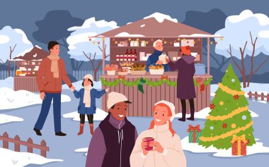 Karikatür mutlu çifti kış aylarında festival caddesi pazarında sıcak içecek içerken çocukları hediye alan ve şeker alan bir aile. İnsanlar ve Xmas ağaç illüstrasyonu ile Noel Fuarı.