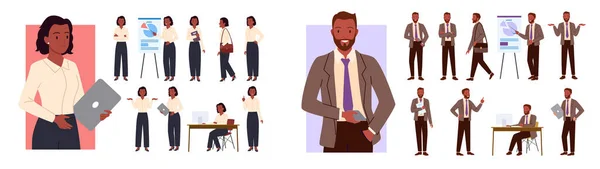 卡通人物在课堂上展示商业展示，男人拿着胡子，拿着电话和笔记本电脑，孤零零地走在白色的路上，女商人摆出一套姿势，女经理. — 图库矢量图片