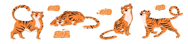 Картун з милими дикими тваринами. 2022 року китайські новорічні вітальні листівки з кумедними малюнками тигрів задають векторну ілюстрацію. Багатий східний щасливий символ на поштових листівках, постер ізольований на білому.. — стоковий вектор