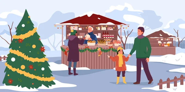 街の広場でショッピング家族や祭りクリスマスツリーとクリスマスマーケット — ストックベクタ