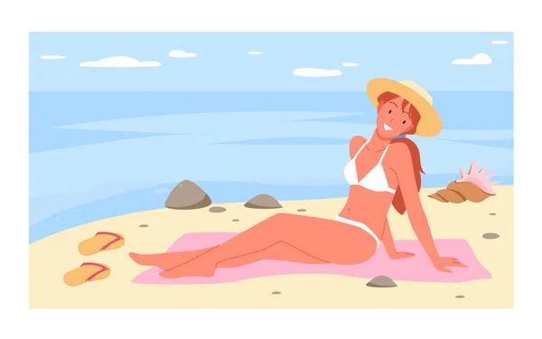 Menina sentada na praia do mar tropical e sunbathing verão, mulher vestindo maiô — Vetor de Stock