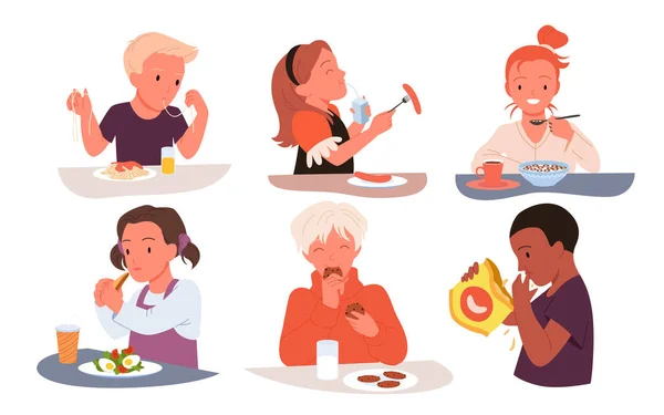 Ragazzi e ragazze mangiano cibo insieme, pasto sano o malsano a pranzo, cena o colazione — Vettoriale Stock