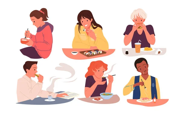 Les gens affamés mangent à table pour le déjeuner ou le dîner, assis avec une cuillère ou une fourchette pour manger — Image vectorielle