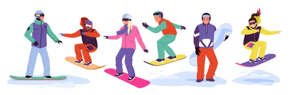 Los snowboarders felices de la historieta saltan de la cuesta de la montaña de la nieve, las personas adultas snowboard, deporte extremo y hobby aislados en blanco. — Vector de stock