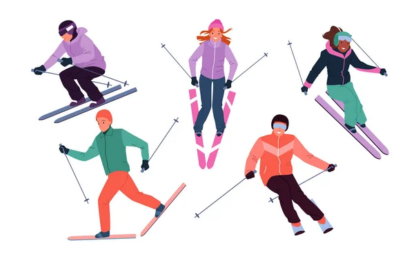 Aktywne postacie z kreskówek w goglach trzymają kijki narciarskie, skaczą i krzyżują góry odizolowane na biało. Narciarze narciarze nartostrady w dół stoków śniegowych, zima ekstremalna aktywność sportowa zestaw wektor ilustracja. — Wektor stockowy