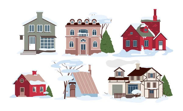 Maisons familiales de dessins animés dans les neiges, les bâtiments et les chalets avec des arbres dans le jardin, les fenêtres, les toits et les portes de fond. Maisons modernes de village par temps froid d'hiver et illustration vectorielle de jeu de neige. — Image vectorielle